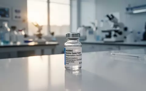Eine medizinische Impfstoffampulle auf einem klinischen Labortisch in einem hellen Raum. - Foto: über boerse-global.de