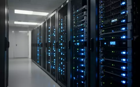 Modernes Server-Rechenzentrum mit blau beleuchteter Hardware in einem technologisch geprägten Umfeld. - Foto: über boerse-global.de