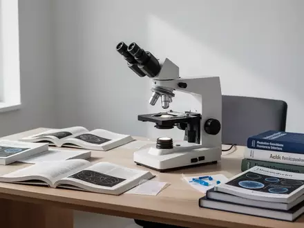 Ein steriler wissenschaftlicher Arbeitsplatz mit Fachliteratur und medizinischem Equipment in natürlichem Licht. - Foto: über boerse-global.de