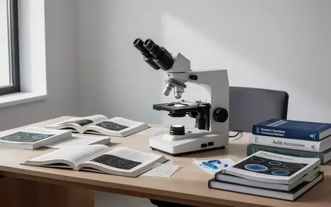 Ein steriler wissenschaftlicher Arbeitsplatz mit Fachliteratur und medizinischem Equipment in natürlichem Licht. - Foto: über boerse-global.de