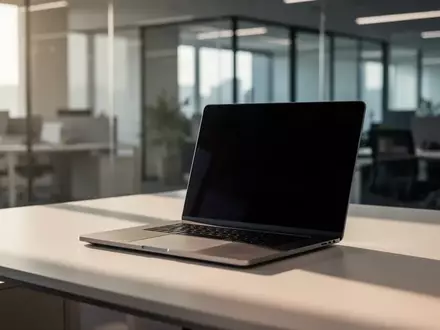 Ein moderner, aufgeräumter Arbeitsplatz mit einem Laptop mit dunklem Bildschirm in einem hellen Büro. - Foto: über boerse-global.de