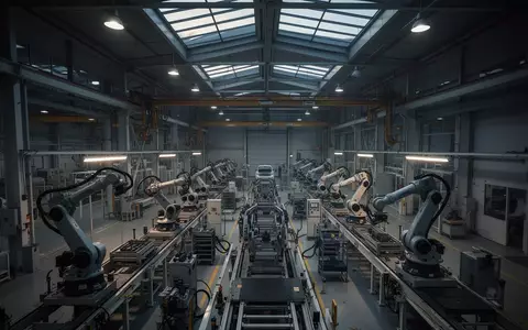 Leere, moderne Fertigungshalle eines Automobilwerks mit ungenutzten Produktionsanlagen in einer sterilen Industrieumgebung. - Foto: über boerse-global.de