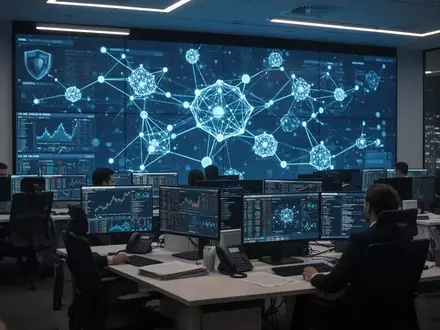 Ein modernes Cybersecurity-Kontrollzentrum mit leuchtenden Datenvisualisierungen in einem professionellen Büro. - Foto: über boerse-global.de