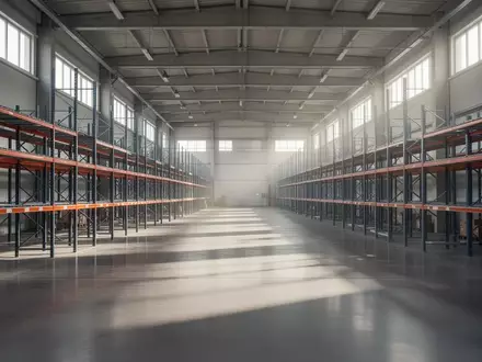 Leere Lagerhalle eines Logistikzentrums mit hohen Regalen und Betonboden bei natürlichem Tageslicht. - Foto: über boerse-global.de