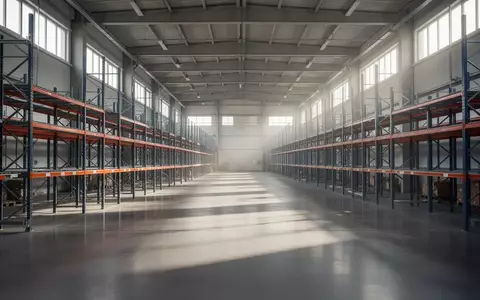 Leere Lagerhalle eines Logistikzentrums mit hohen Regalen und Betonboden bei natürlichem Tageslicht. - Foto: über boerse-global.de