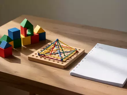Geometrisches Lernmaterial mit einem Geobrett und bunten Holzbausteinen auf einem Schreibtisch. - Foto: über boerse-global.de
