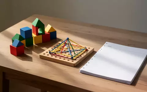Geometrisches Lernmaterial mit einem Geobrett und bunten Holzbausteinen auf einem Schreibtisch. - Foto: über boerse-global.de