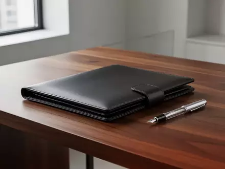 Ein minimalistischer Schreibtisch mit einer geschlossenen Ledermappe und einem Füllfederhalter vor einem hellen, modernen Hintergrund. - Foto: über boerse-global.de
