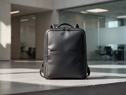 Ein minimalistischer, hochwertiger Business-Rucksack aus veganem Leder steht auf einem modernen Betonboden in einem Büro. - Foto: über boerse-global.de