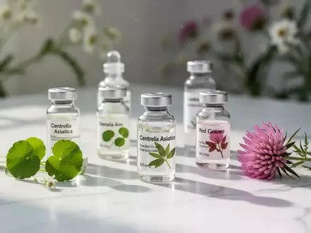 Laborumgebung mit Glasfläschchen botanischer Extrakte und Hautpflege-Inhaltsstoffen auf einer weißen Marmoroberfläche. - Foto: über boerse-global.de
