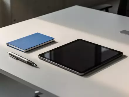 Ein minimalistischer Büroarbeitsplatz mit einem blauen Notizbuch und einem Tablet auf einem Schreibtisch bei natürlichem Licht. - Foto: über boerse-global.de