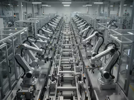Moderne, hochautomatisierte industrielle Fertigungslinie in einer KI-gesteuerten Fabrik ohne menschliche Präsenz. - Foto: über boerse-global.de