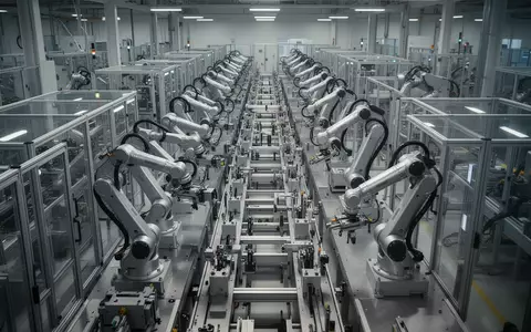 Moderne, hochautomatisierte industrielle Fertigungslinie in einer KI-gesteuerten Fabrik ohne menschliche Präsenz. - Foto: über boerse-global.de