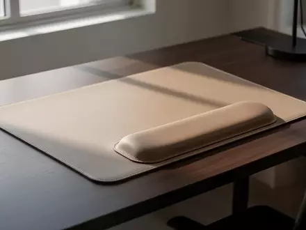 Ein aufgeräumter, moderner Schreibtisch mit einer Leder-Schreibtischunterlage und einer ergonomischen Handgelenkstütze. - Foto: über boerse-global.de