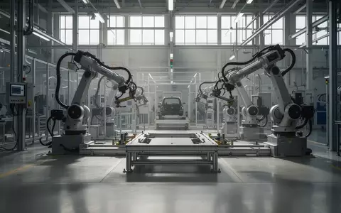 Leere Fertigungsstraße in einem modernen deutschen Automobilwerk bei gedämpftem Tageslicht. - Foto: über boerse-global.de