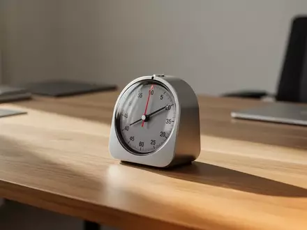Ein mechanischer Kurzzeitwecker auf einem modernen Schreibtisch in einer hellen, professionellen Arbeitsumgebung. - Foto: über boerse-global.de