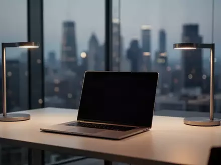 Minimalistischer Schreibtisch in einem modernen Büro mit dunklem Laptop-Bildschirm und Blick auf eine verschwommene Stadt. - Foto: über boerse-global.de