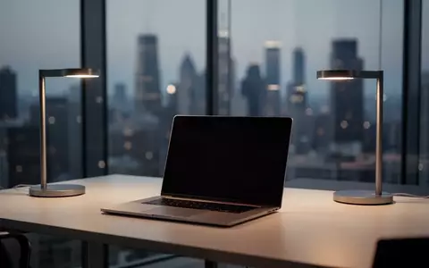 Minimalistischer Schreibtisch in einem modernen Büro mit dunklem Laptop-Bildschirm und Blick auf eine verschwommene Stadt. - Foto: über boerse-global.de