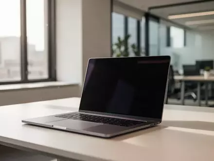 Ein moderner, aufgeräumter Büroarbeitsplatz mit einem Laptop mit dunklem Bildschirm in einer hellen, professionellen Umgebung. - Foto: über boerse-global.de