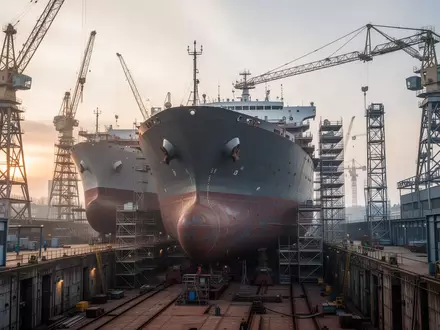 Große Werftanlagen im norddeutschen Schiffbau mit Kränen und Stahlrümpfen von Schiffen bei Tagesanbruch. - Foto: über boerse-global.de