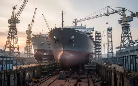Große Werftanlagen im norddeutschen Schiffbau mit Kränen und Stahlrümpfen von Schiffen bei Tagesanbruch. - Foto: über boerse-global.de
