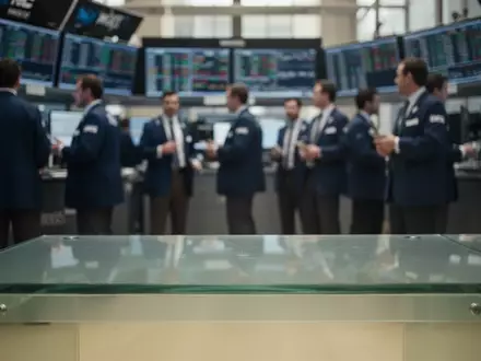 Ein verschwommener Börsenhandelssaal mit Fokus auf einen leeren Schreibtisch im Vordergrund. - Foto: über boerse-global.de