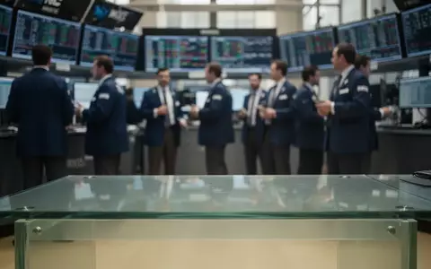 Ein verschwommener Börsenhandelssaal mit Fokus auf einen leeren Schreibtisch im Vordergrund. - Foto: über boerse-global.de