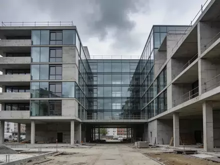 Unfertige Baustelle eines modernen Wohnkomplexes bei bewölktem Himmel. - Foto: über boerse-global.de