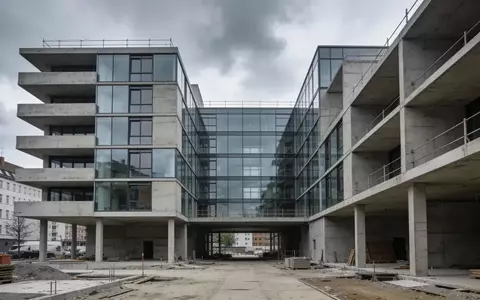 Unfertige Baustelle eines modernen Wohnkomplexes bei bewölktem Himmel. - Foto: über boerse-global.de