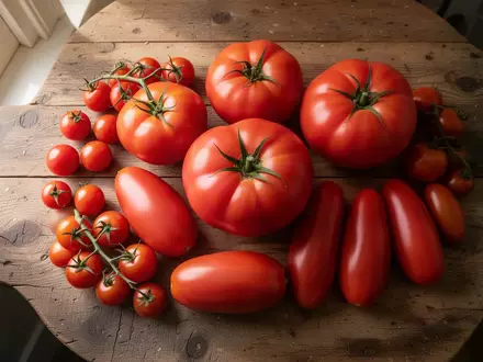Verschiedene frische Tomatensorten wie Kirsch-, Ochsenherz- und Flaschentomaten auf einem rustikalen Holztisch. - Foto: über boerse-global.de