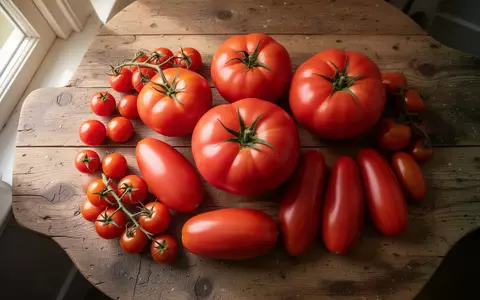 Verschiedene frische Tomatensorten wie Kirsch-, Ochsenherz- und Flaschentomaten auf einem rustikalen Holztisch. - Foto: über boerse-global.de