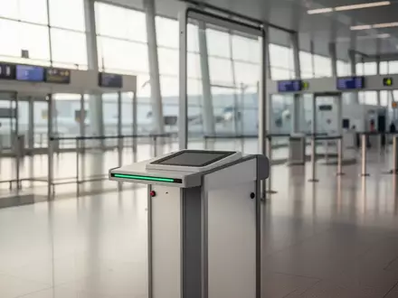 Ein moderner Sicherheitskontrollpunkt an einem Flughafen mit einem leeren Scanner-Terminal in einem hellen Terminalbereich. - Foto: über boerse-global.de