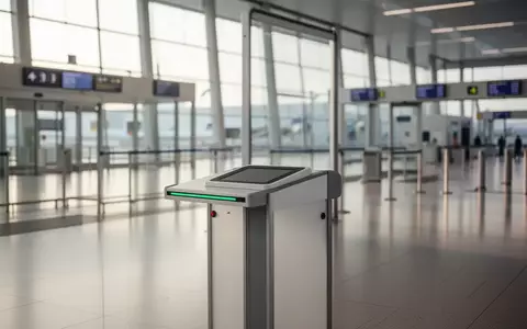 Ein moderner Sicherheitskontrollpunkt an einem Flughafen mit einem leeren Scanner-Terminal in einem hellen Terminalbereich. - Foto: über boerse-global.de