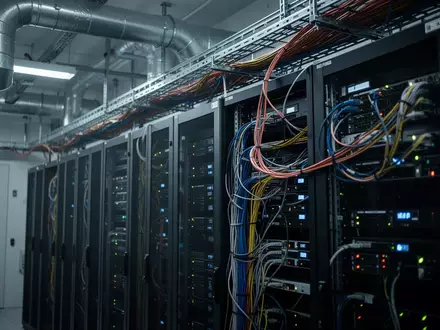 Reihen von Server-Racks in einem modernen Rechenzentrum mit komplexer Verkabelung und aktiver Infrastruktur. - Foto: über boerse-global.de