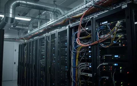 Reihen von Server-Racks in einem modernen Rechenzentrum mit komplexer Verkabelung und aktiver Infrastruktur. - Foto: über boerse-global.de