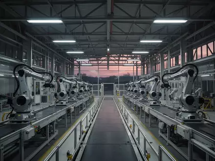 Leere Montagehalle eines Automobilwerks mit modernen Fertigungsrobotern bei gedimmter Beleuchtung. - Foto: über boerse-global.de