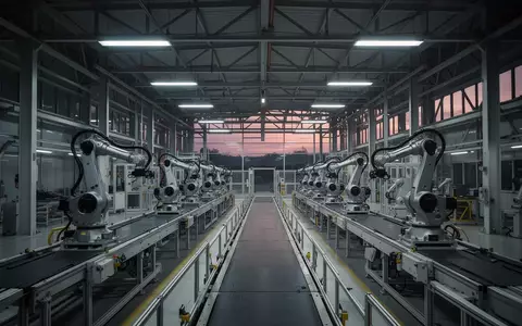 Leere Montagehalle eines Automobilwerks mit modernen Fertigungsrobotern bei gedimmter Beleuchtung. - Foto: über boerse-global.de