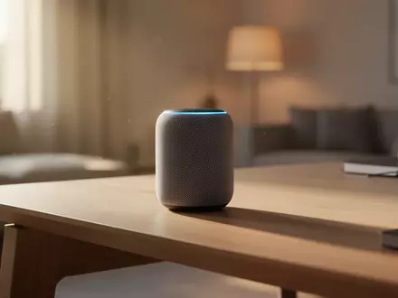 Ein moderner Schreibtisch mit einem Smart Speaker in einer hellen, minimalistischen Arbeitsumgebung. - Foto: über boerse-global.de