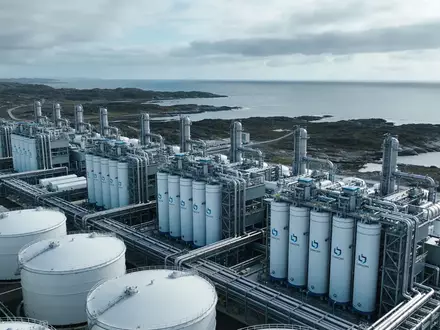 Moderne Wasserstoff-Produktionsanlage in einer weitläufigen Küstenlandschaft bei bewölktem Himmel. - Foto: über boerse-global.de