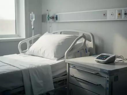 Modernes Patientenzimmer mit einem medizinischen Sensorengerät auf einem Nachttisch als Symbol für digitale Nachbetreuung. - Foto: über boerse-global.de
