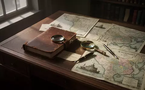 Antiker Schreibtisch mit Lupe, alten Landkarten und einem Notizbuch in einem stimmungsvoll beleuchteten Arbeitszimmer. - Foto: über boerse-global.de