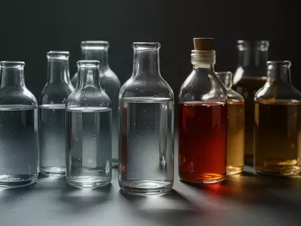 Verschiedene Glasflaschen mit Getränken auf einer dunklen, reflektierenden Oberfläche in einer minimalistischen Umgebung. - Foto: über boerse-global.de