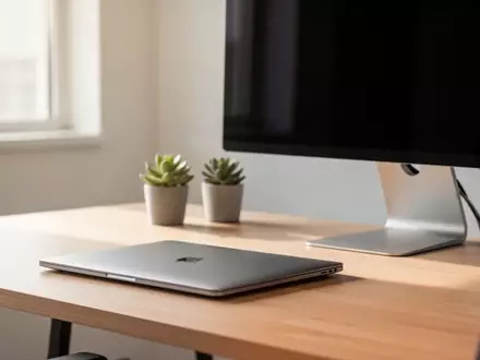 Ein aufgeräumter, moderner Büroarbeitsplatz mit einem geschlossenen Laptop und einem externen Monitor bei Tageslicht. - Foto: über boerse-global.de