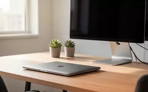 Ein aufgeräumter, moderner Büroarbeitsplatz mit einem geschlossenen Laptop und einem externen Monitor bei Tageslicht. - Foto: über boerse-global.de