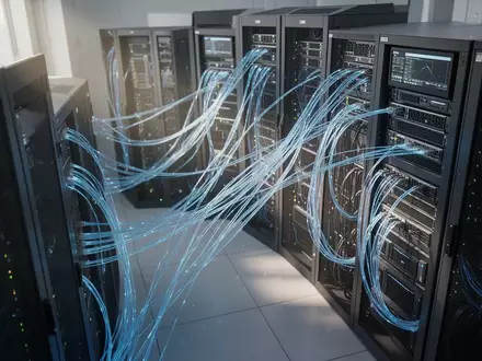 Modernes Rechenzentrum mit leuchtenden Glasfaserkabeln und Hochleistungs-Serverhardware in einer professionellen Umgebung. - Foto: über boerse-global.de
