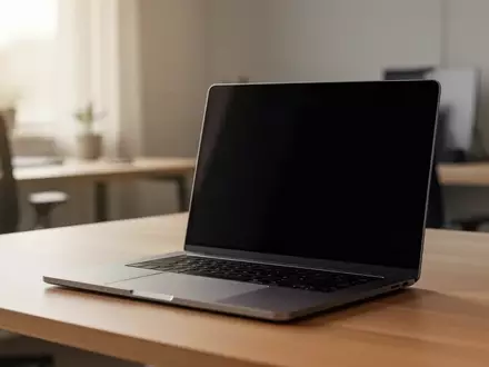 Ein moderner, minimalistischer Arbeitsplatz mit einem Laptop auf einem Holztisch bei natürlichem Tageslicht. - Foto: über boerse-global.de