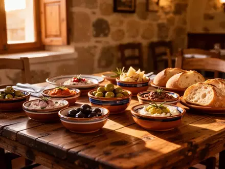 Ein rustikaler Holztisch in einem traditionellen mediterranen Restaurant mit verschiedenen kleinen Keramikschalen voller Meze und frischem Brot. - Foto: über boerse-global.de