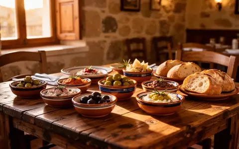 Ein rustikaler Holztisch in einem traditionellen mediterranen Restaurant mit verschiedenen kleinen Keramikschalen voller Meze und frischem Brot. - Foto: über boerse-global.de