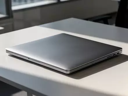 Ein geschlossenes, hochwertiges MacBook auf einem modernen Schreibtisch in einem hellen Büro. - Foto: über boerse-global.de