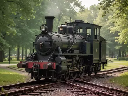 Eine historische Schmalspurlokomotive steht auf Gleisen in einer Parklandschaft. - Foto: über boerse-global.de